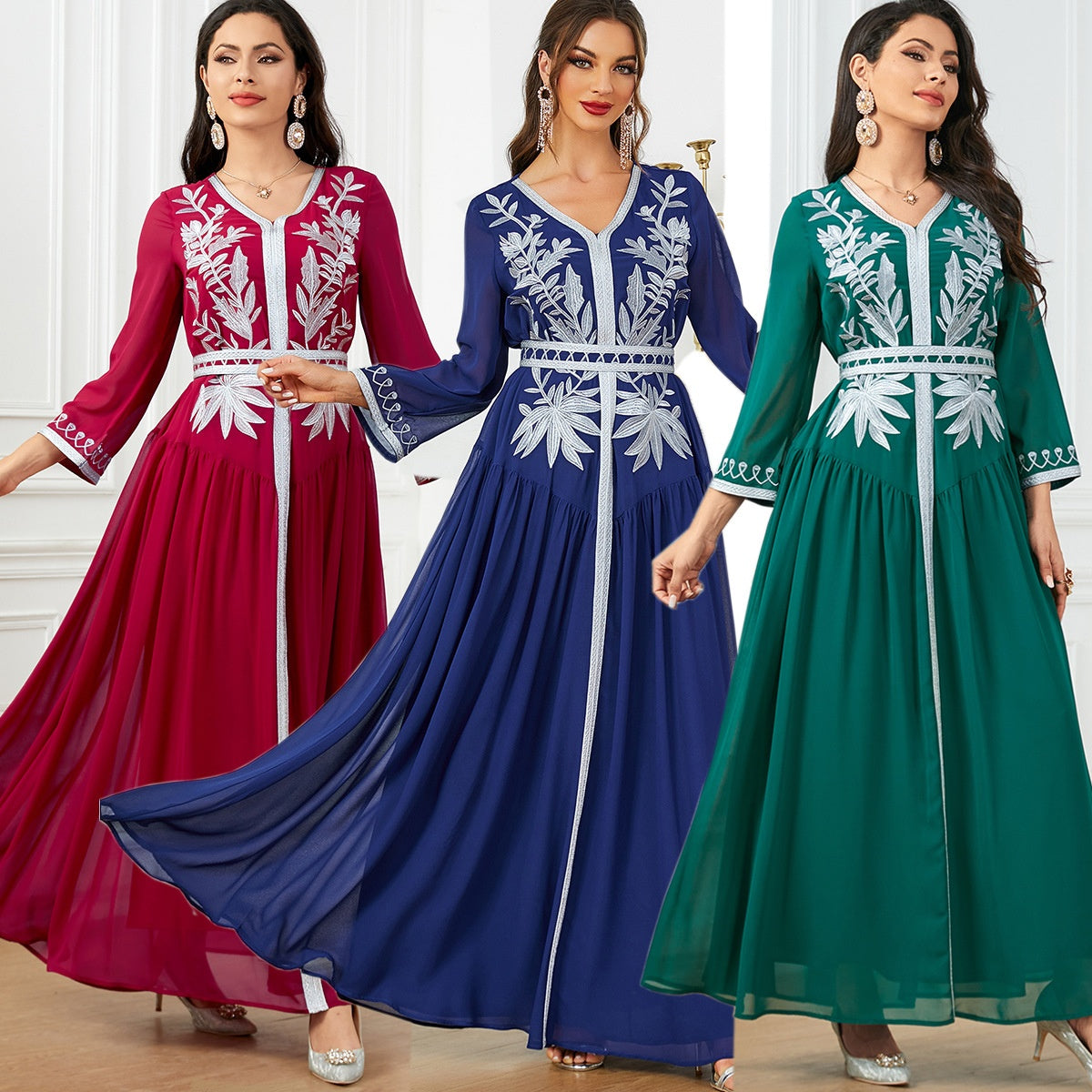 Embroidered V-Neck Robe Maxi Dress Secondary image