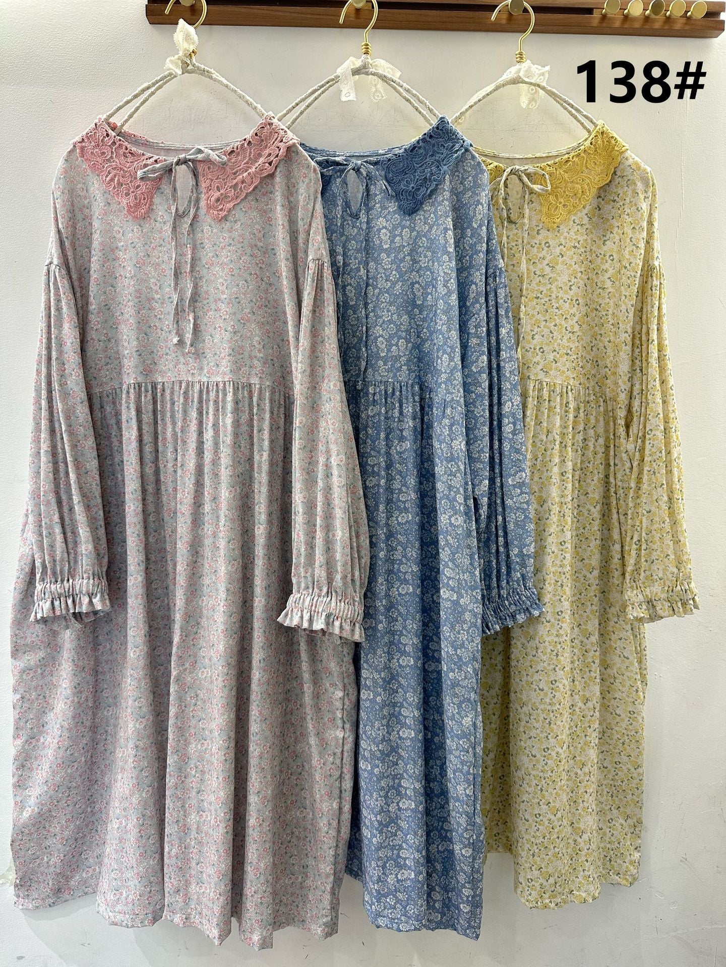 Floral Lace-Up Peter Pan Collar Maxi Dress for Women, Long Sleeve Secondary image