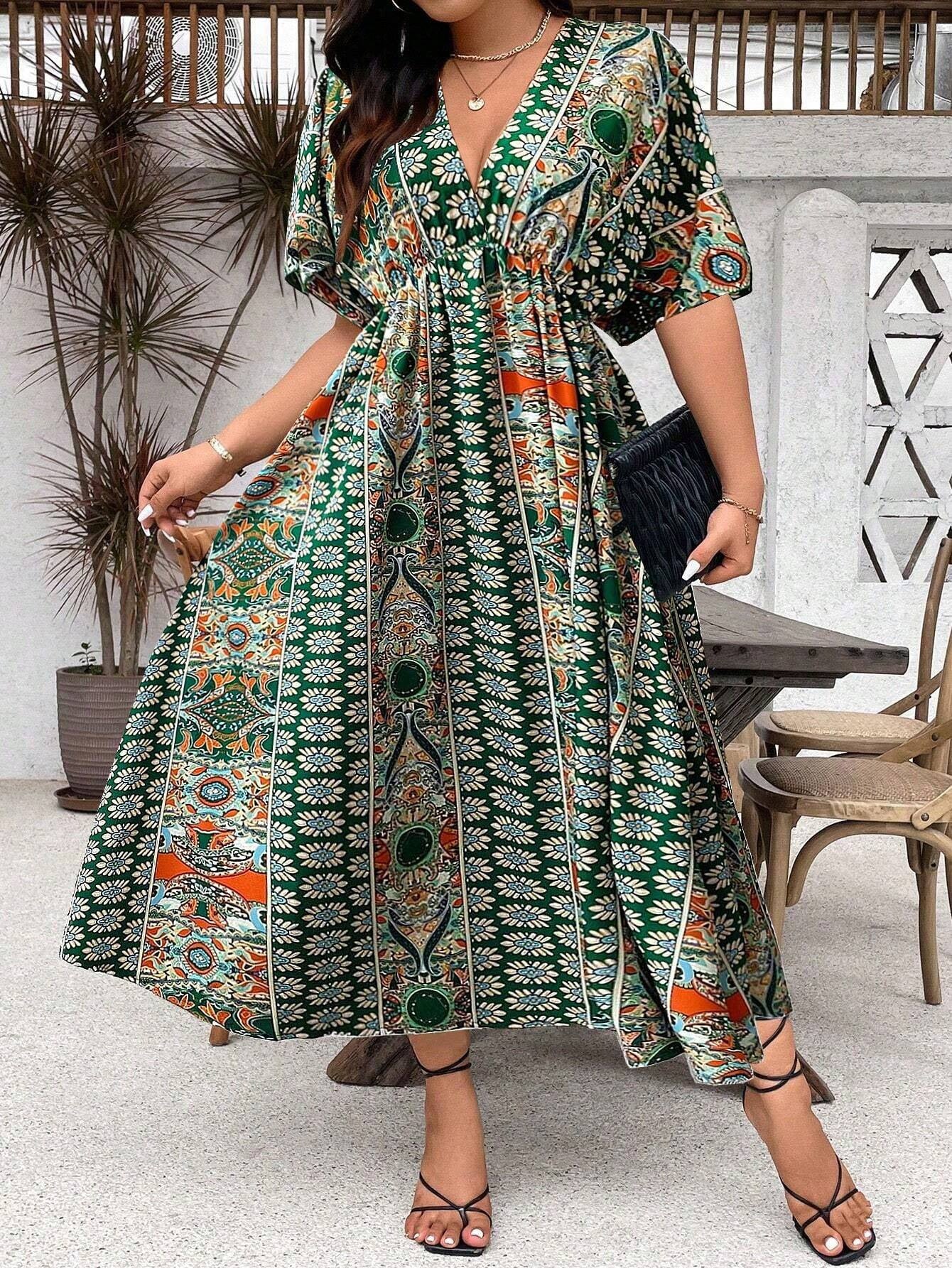 Bohemian Print A-Line Maxi Dress for Women, Plus Size