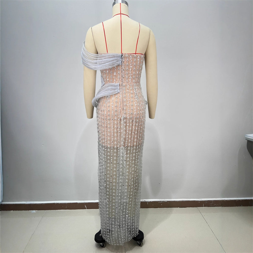 One-Shoulder Sequin Floor-Length Gown with Asymmetric Hem