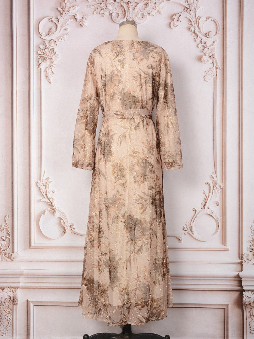 V-Neck Lace-Up Long-Sleeve Maxi Dress