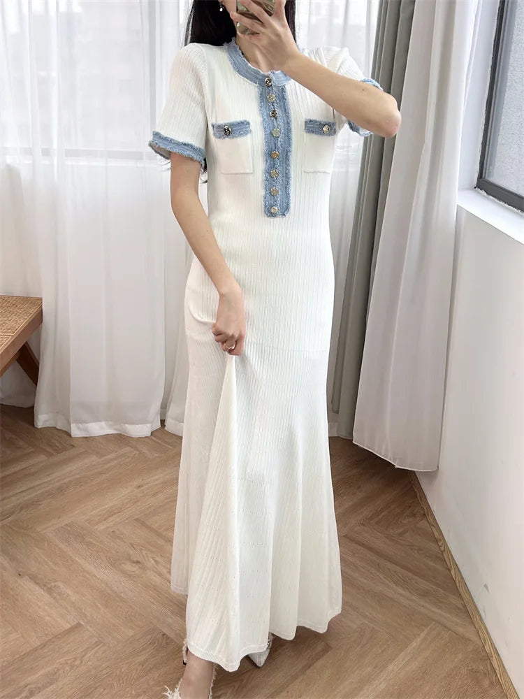 Elastic Slim Fit Button-Up Long Knit Dress for Women