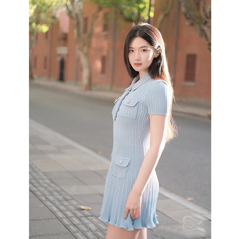Knitted Diamond-Button Flip Collar Short Sleeve Dress for Women