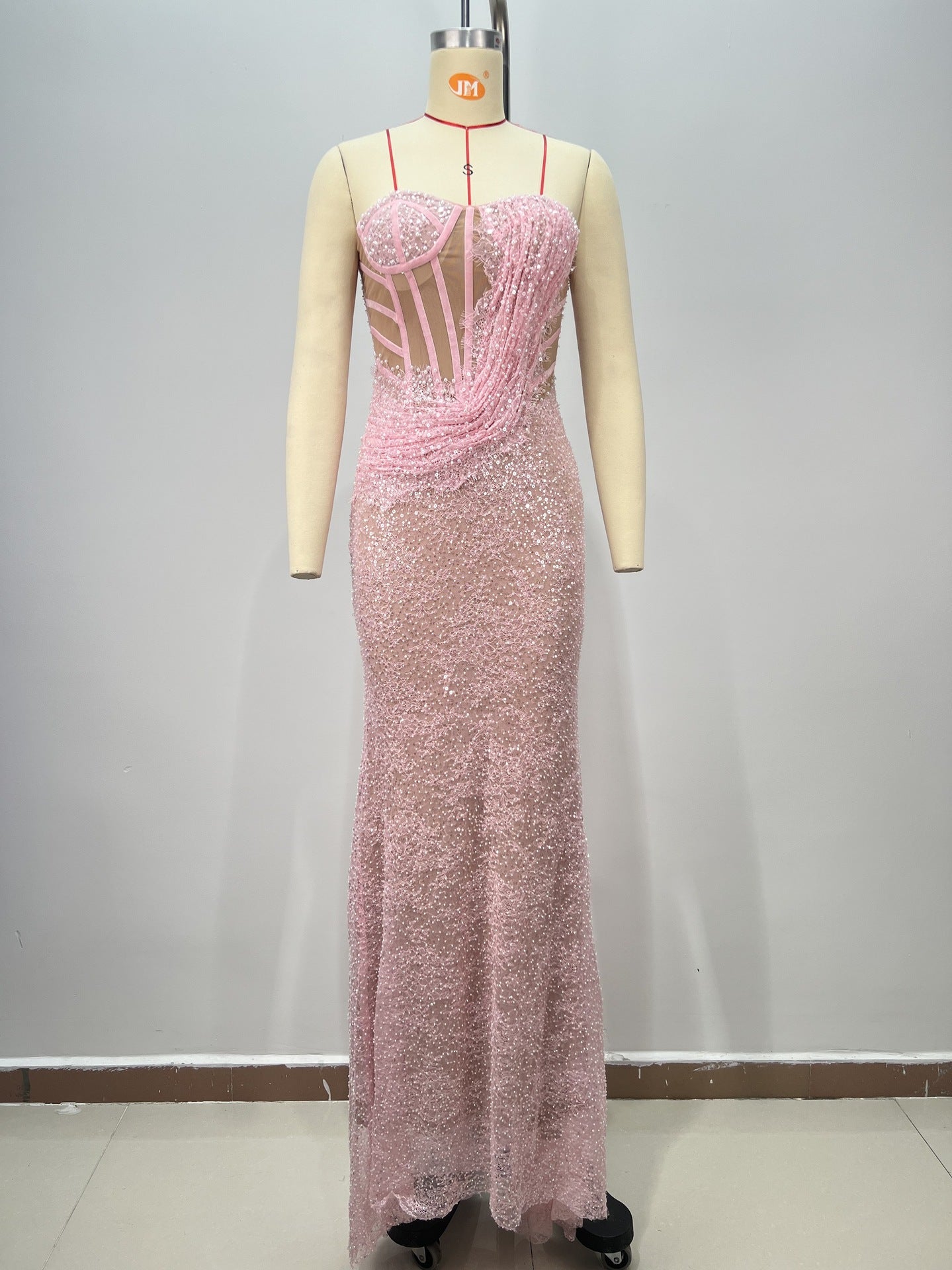 Boned Beaded One-Shoulder Sequin Gown for Women