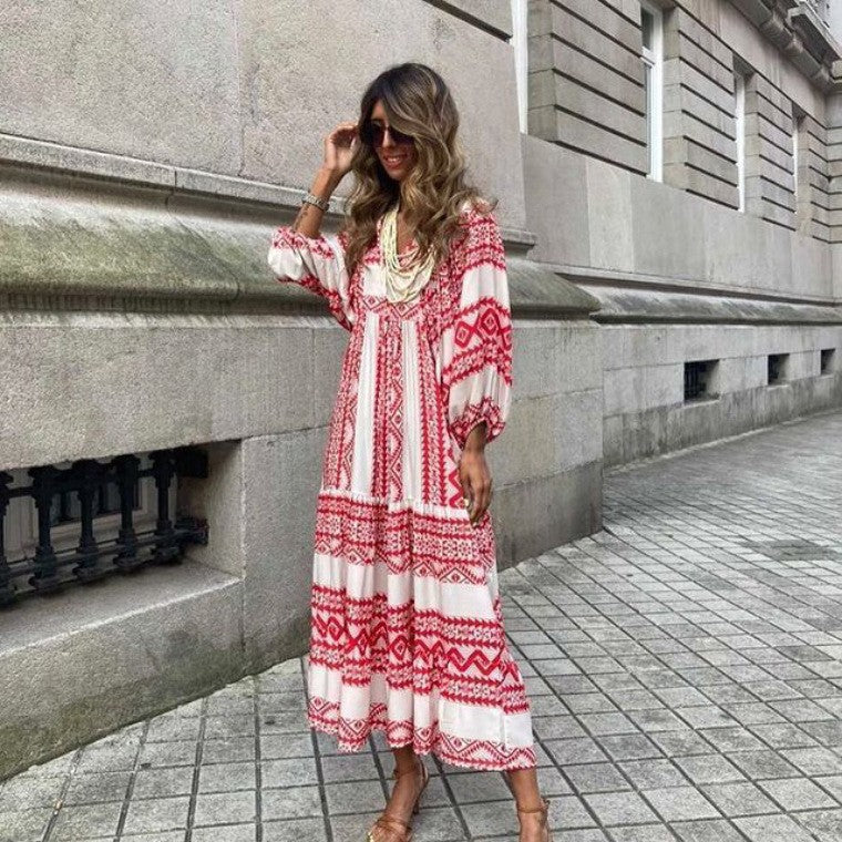 Bohemian Print Long Sleeve Flowy Maxi Dress for Women