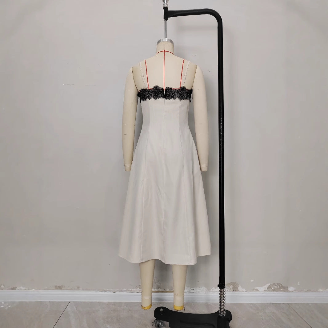 Lace-Contrast Camisole Maxi Dress in Off-White Main image