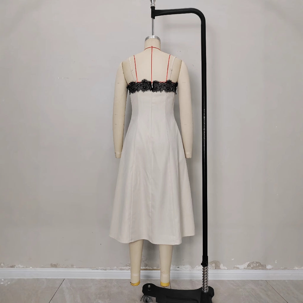 Lace-Contrast Camisole Maxi Dress in Off-White