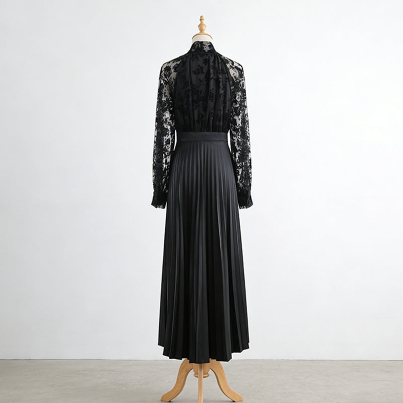 Tie-Neck High-Waist Pleated Maxi Dress