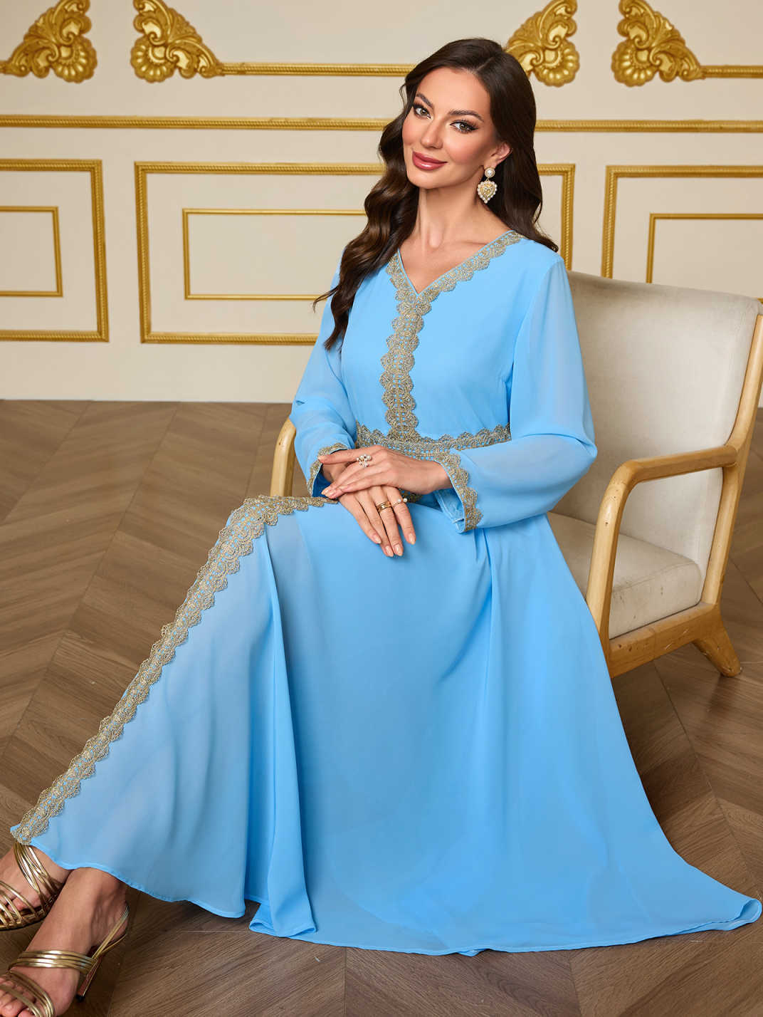 Lace Belted Chiffon Maxi Dress