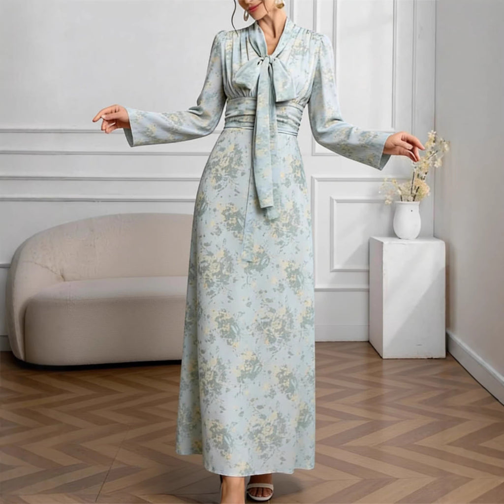 Elegant Floral Long-Sleeve Maxi Dress with Tie Waist for Women