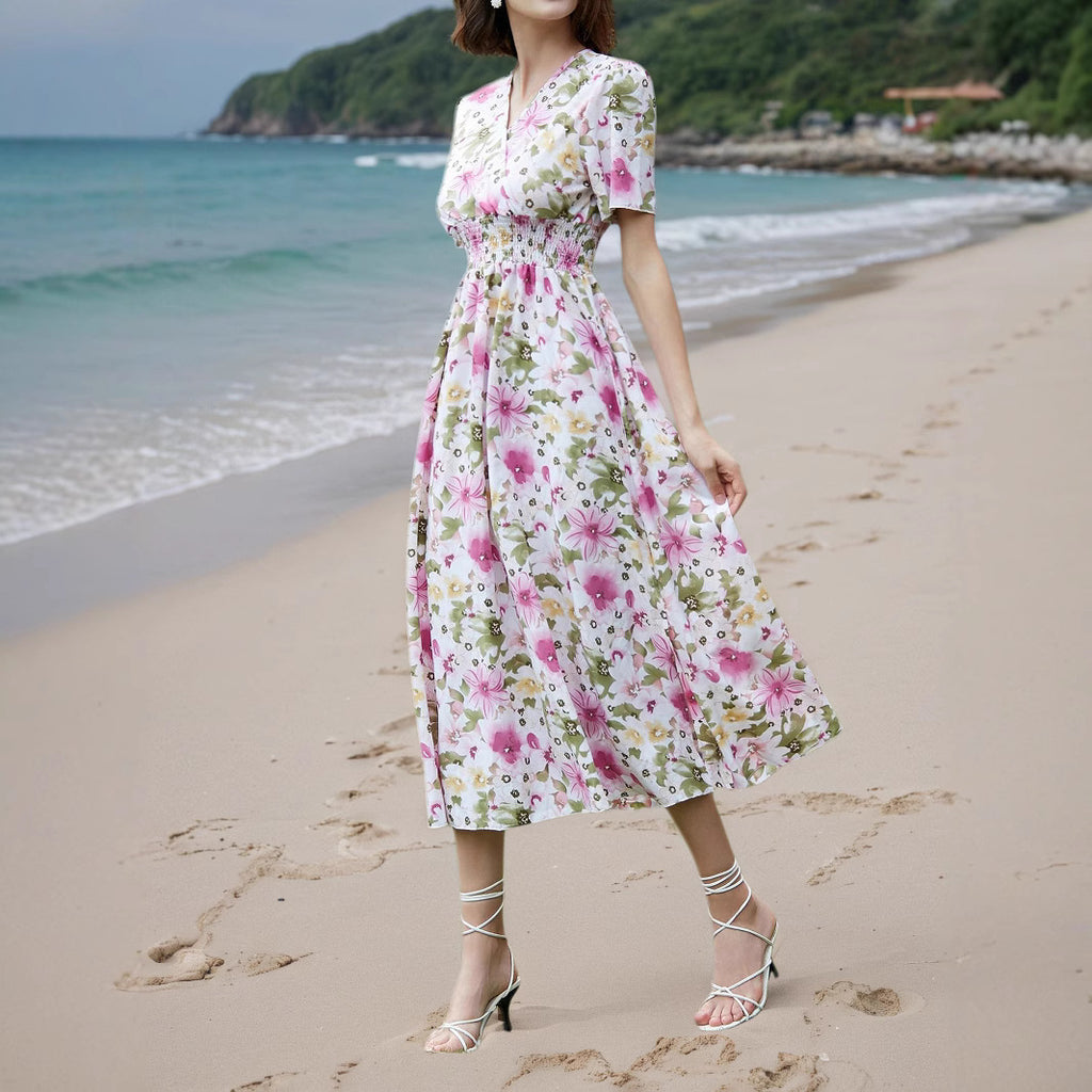 Floral V-Neck Maxi Dress for Women, Short Sleeve