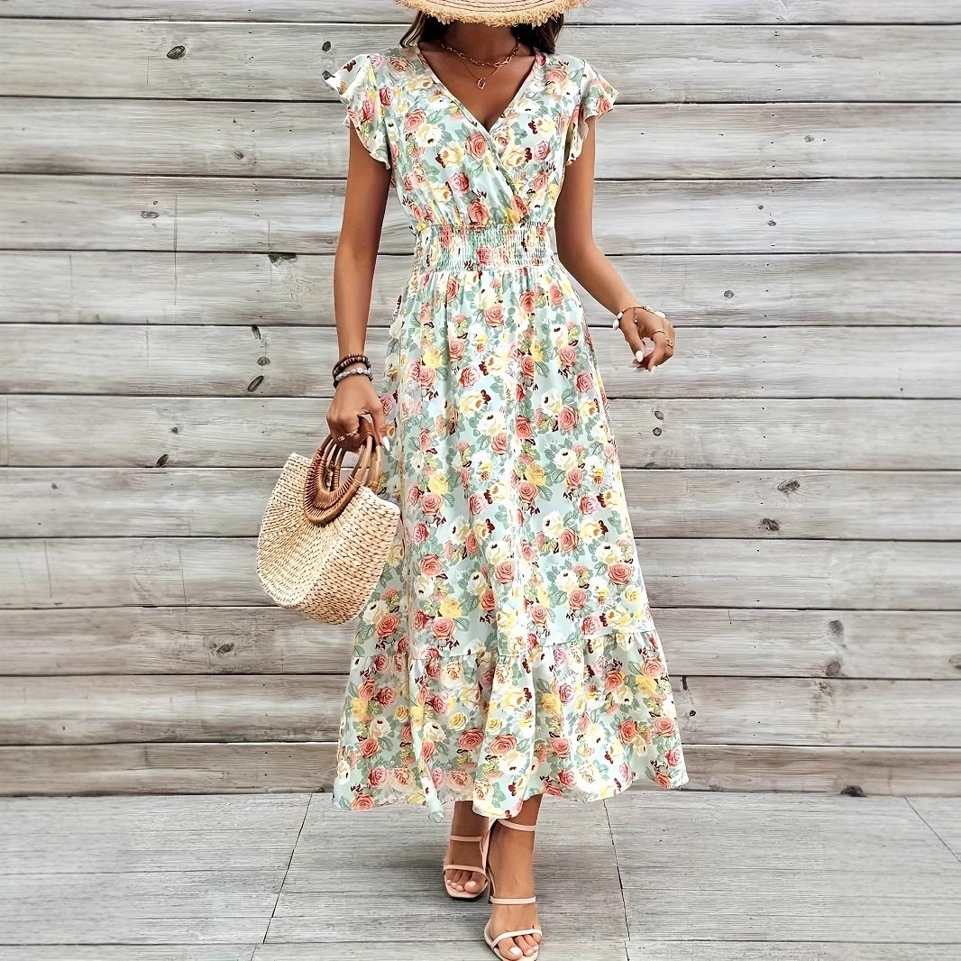 Floral Print V-Neck High-Waist A-Line Dress for Women