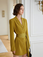 Belted Blazer Dress with Satin Lapel Detail in Yellow