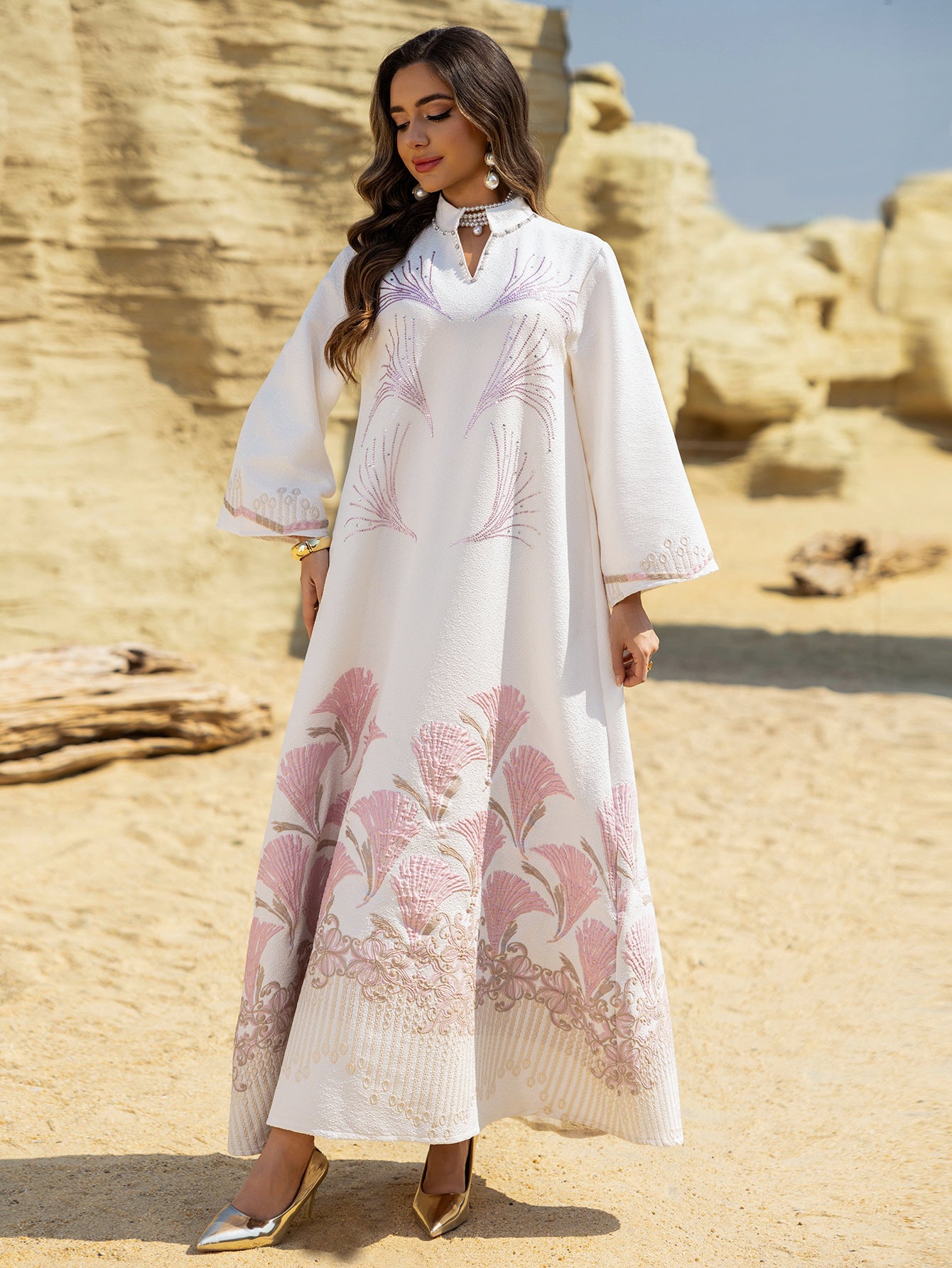 Embroidered Rhinestone Knit Maxi Dress
