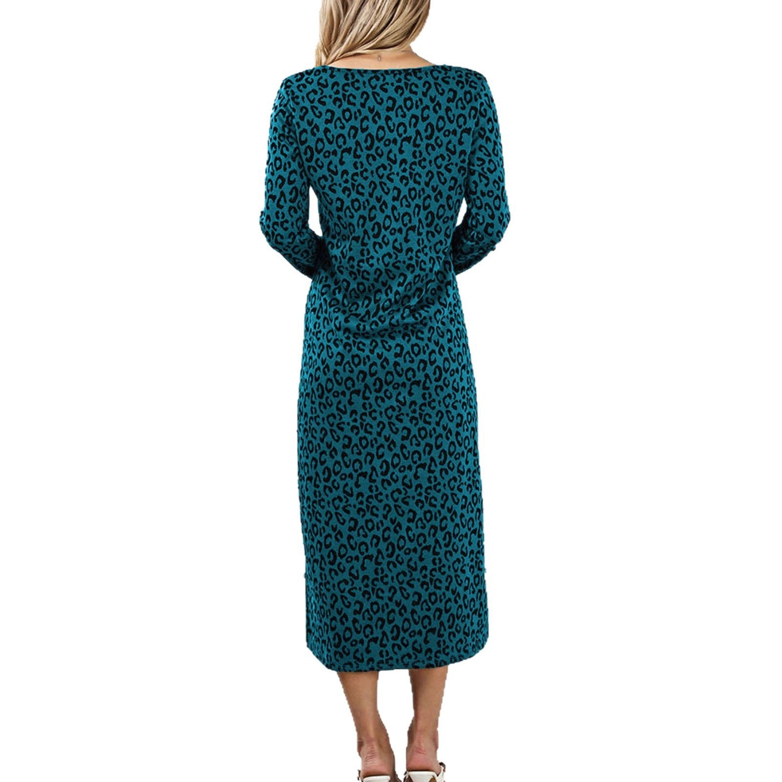 Vintage Leopard Print Round-Neck Midi Dress for Women, Long Sleeve