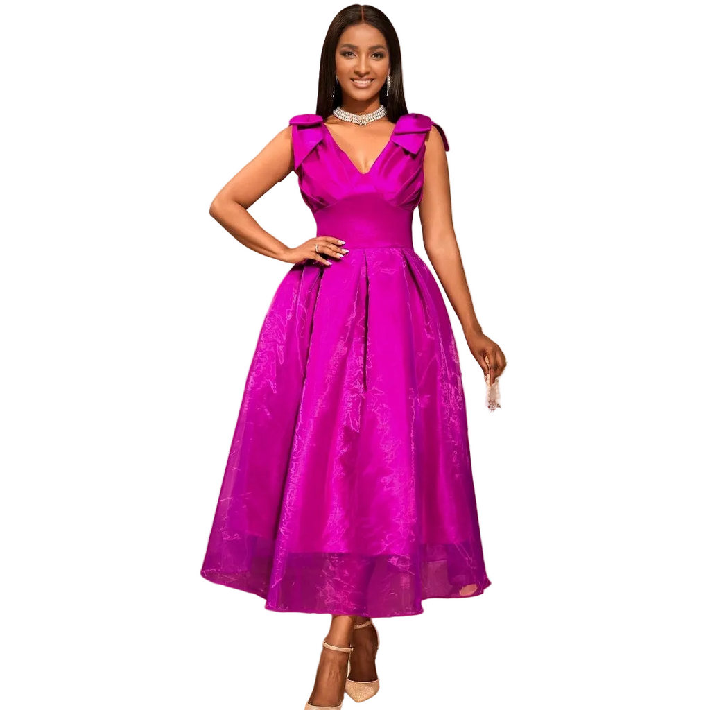 V-Neck Bow Sleeveless Maxi Dress with V neck neckline