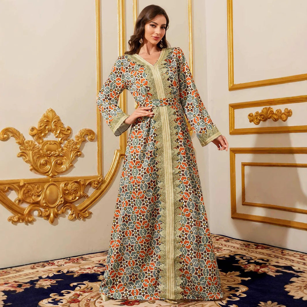 Long-Sleeve Lace Maxi Dress with Belt
