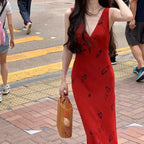 Floral V-Neck Strap Bodycon Maxi Dress for Women, High Waist