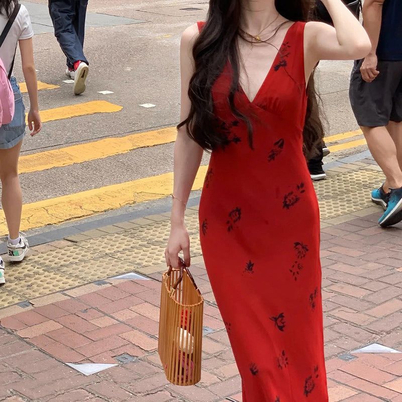 Floral V-Neck Strap Bodycon Maxi Dress for Women, High Waist