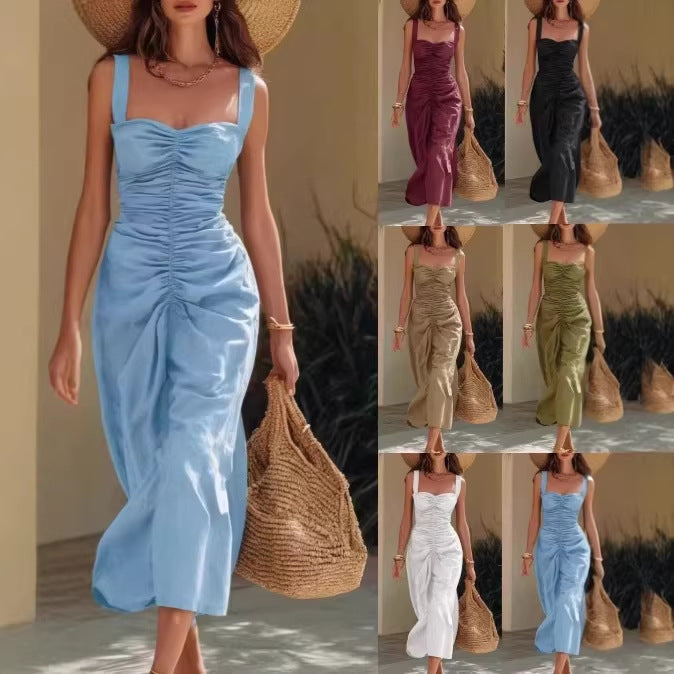 Pleated-Waist Strapless Maxi Dress for Women, Fitted