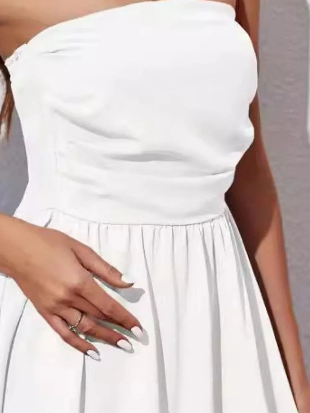 Ruched tube mini dress in white, strapless bodycon summer dress by Vilmere