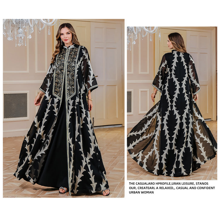 Embroidered Mesh Stand-Collar Maxi Dress
