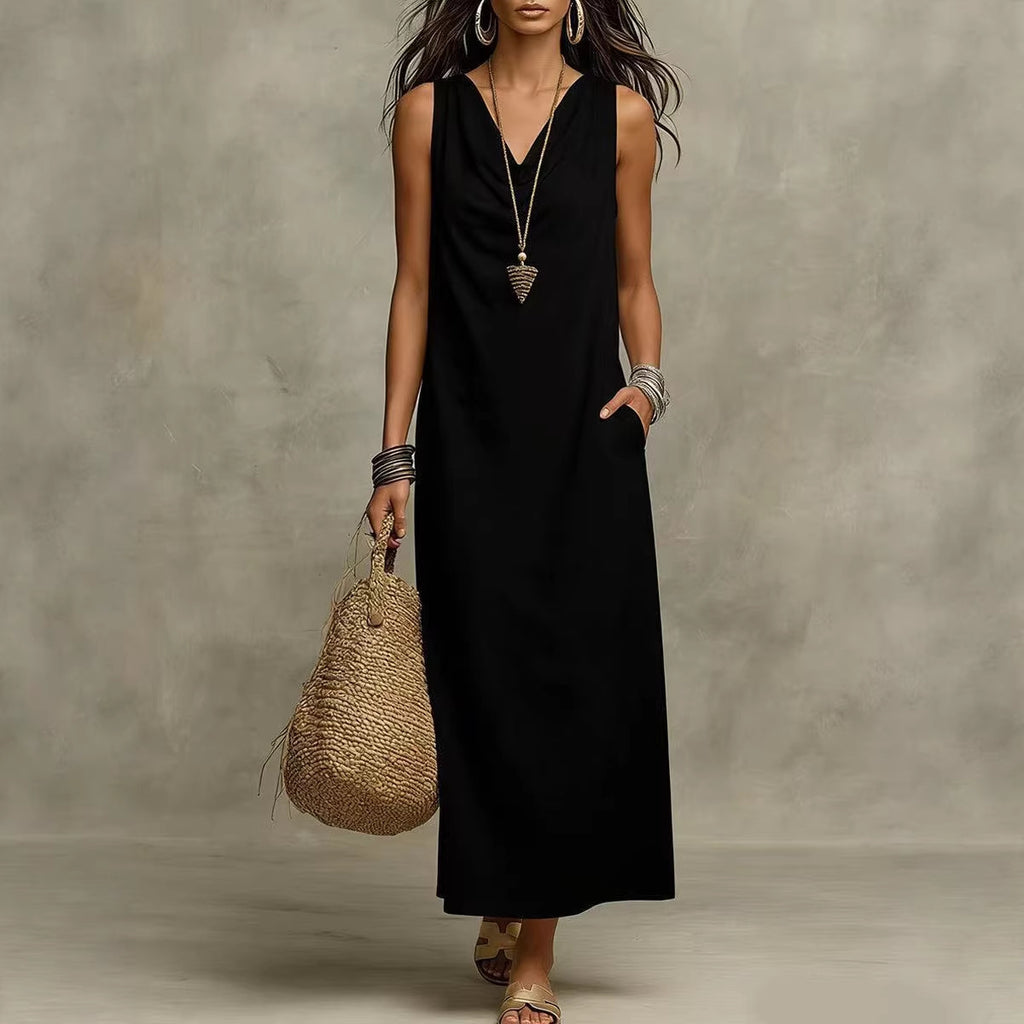Solid Halter V-Neck A-Line Maxi Dress