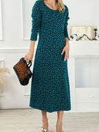 Vintage Leopard Print Round-Neck Midi Dress for Women, Long Sleeve