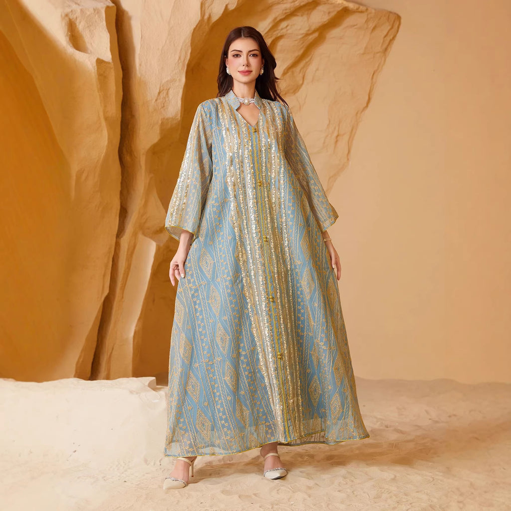 Blue & Green V-Neck Long-Sleeve Maxi Dress