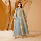 Blue & Green V-Neck Long-Sleeve Maxi Dress