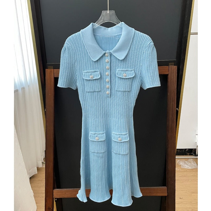 Knitted Diamond-Button Flip Collar Short Sleeve Dress for Women