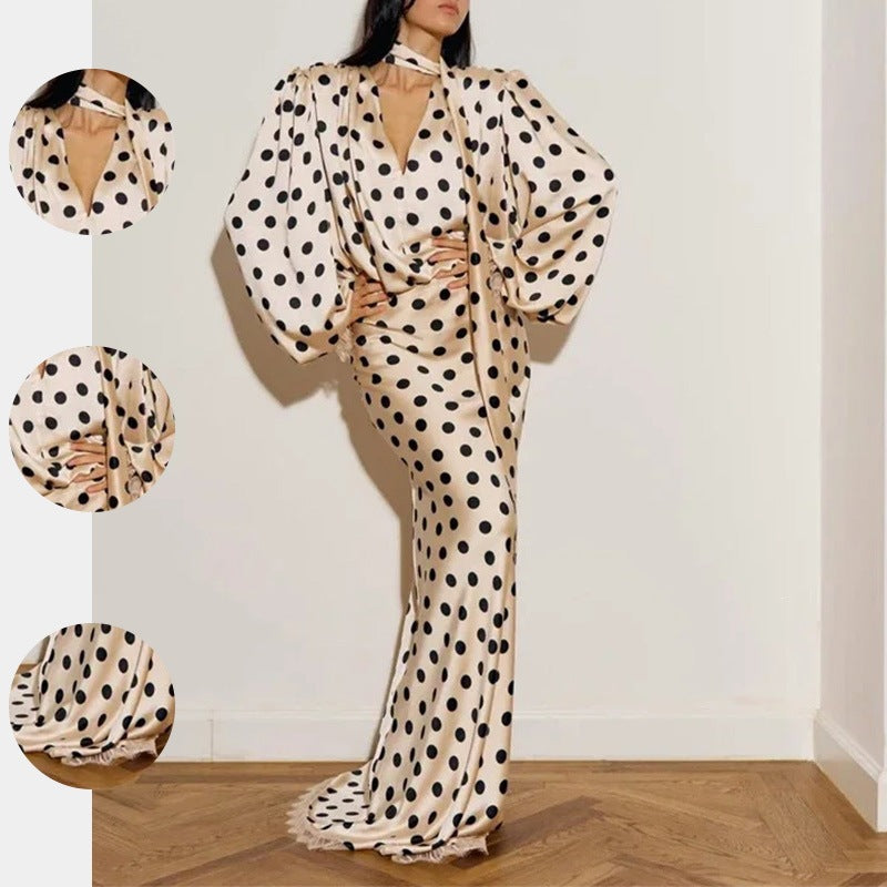Vintage Polka Dot Puff Sleeve Fitted Midi Dress for Women