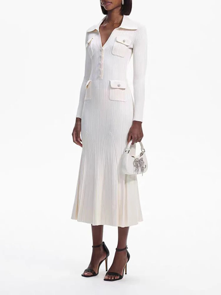 Ivory Ribbed-Knit Fishtail Maxi Dress for Women, Long Sleeve