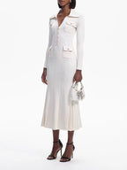 Ivory Ribbed-Knit Fishtail Maxi Dress for Women, Long Sleeve