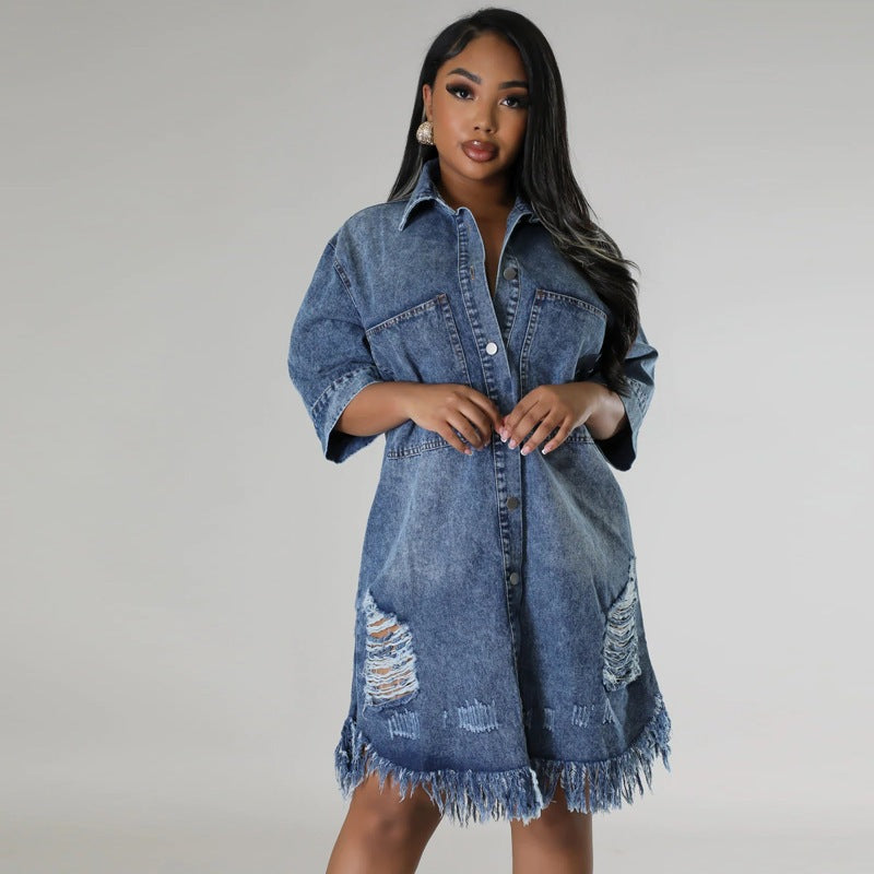 Ripped Fringe Denim Jacket for Women, Turn-Down Collar