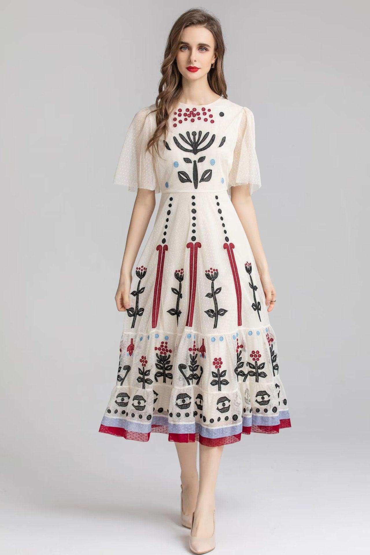Embroidered Mesh High-Waist Midi Dress for Women Secondary image