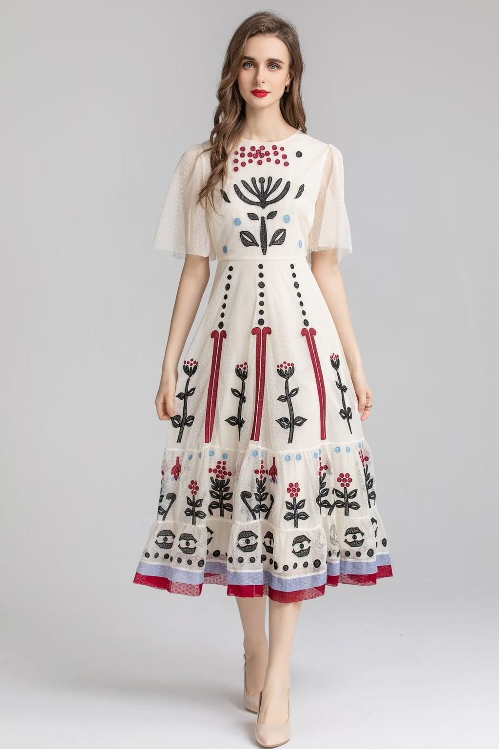 Embroidered Mesh High-Waist Midi Dress for Women