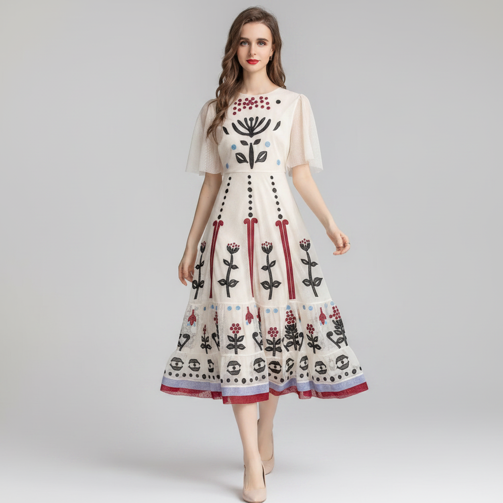 embroidered midi dress for women in a flattering fit