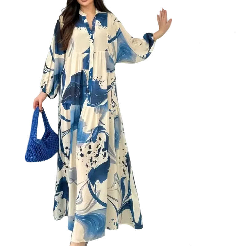 Printed Loose V-Neck Maxi Dress for women with long sleeves Main image