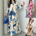 Printed V-Neck Long-Sleeve Loose Maxi Dress