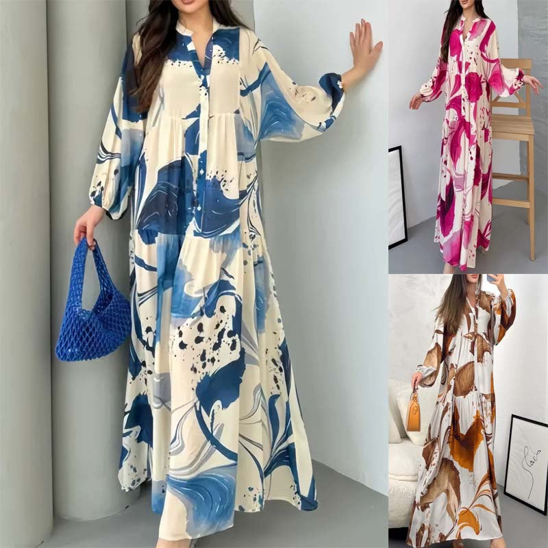 Printed V-Neck Long-Sleeve Loose Maxi Dress