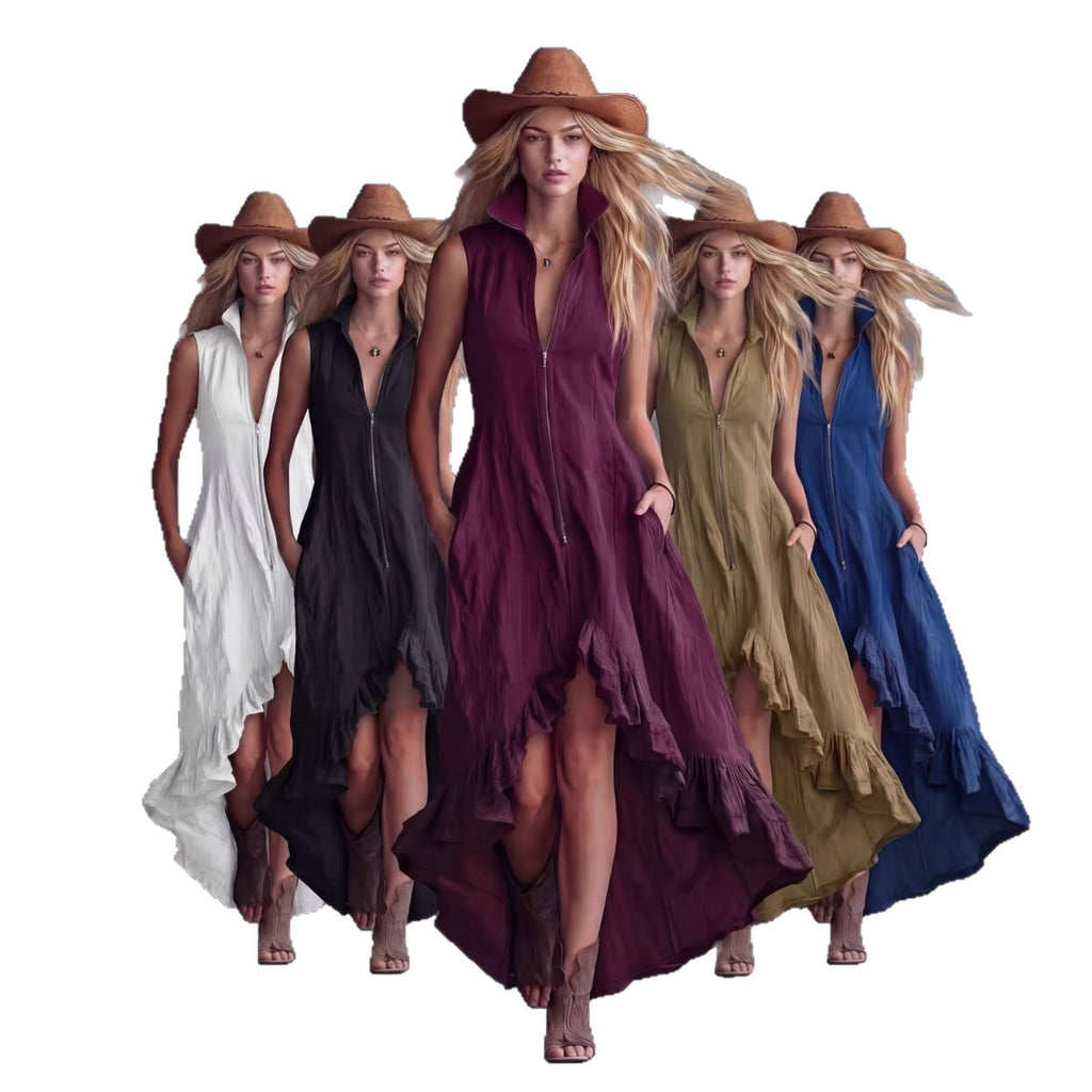 Zip-Front A-Line Maxi Dress, Ruffle Hem