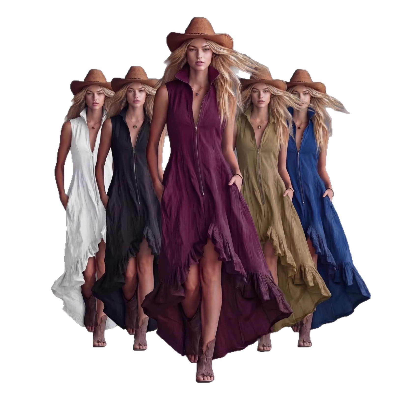 Zip-Front A-Line Maxi Dress, Ruffle Hem