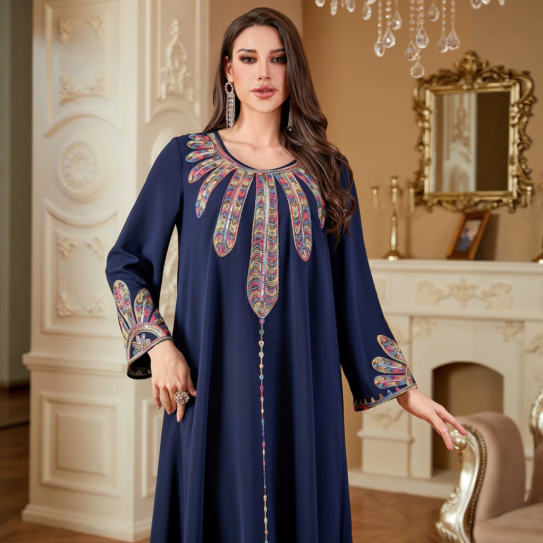 Navy Embroidered A-Line Robe Maxi Dress