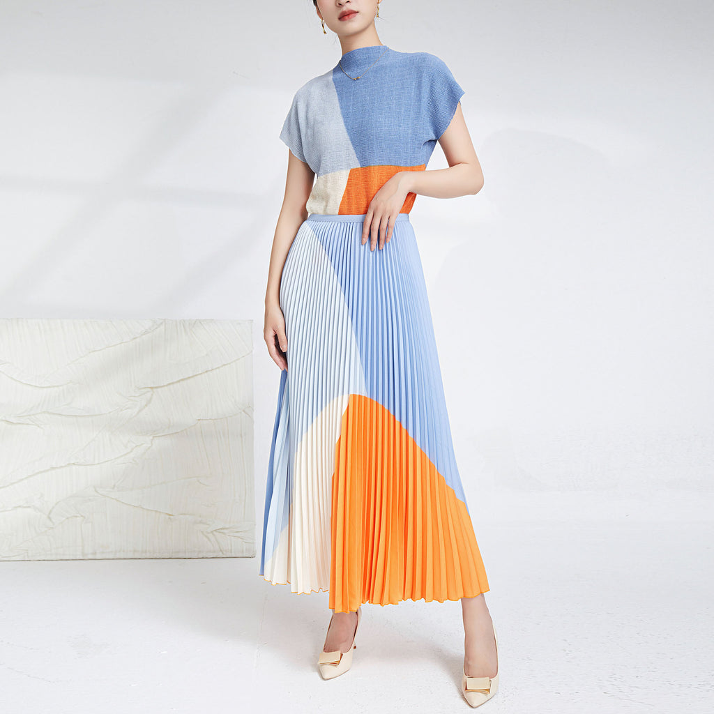 Contrast Color Pleated Two-Piece Skirt Set for Women
