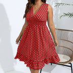 Polka Dot V-Neck Midi Dress for Women, Sleeveless, Plus Size