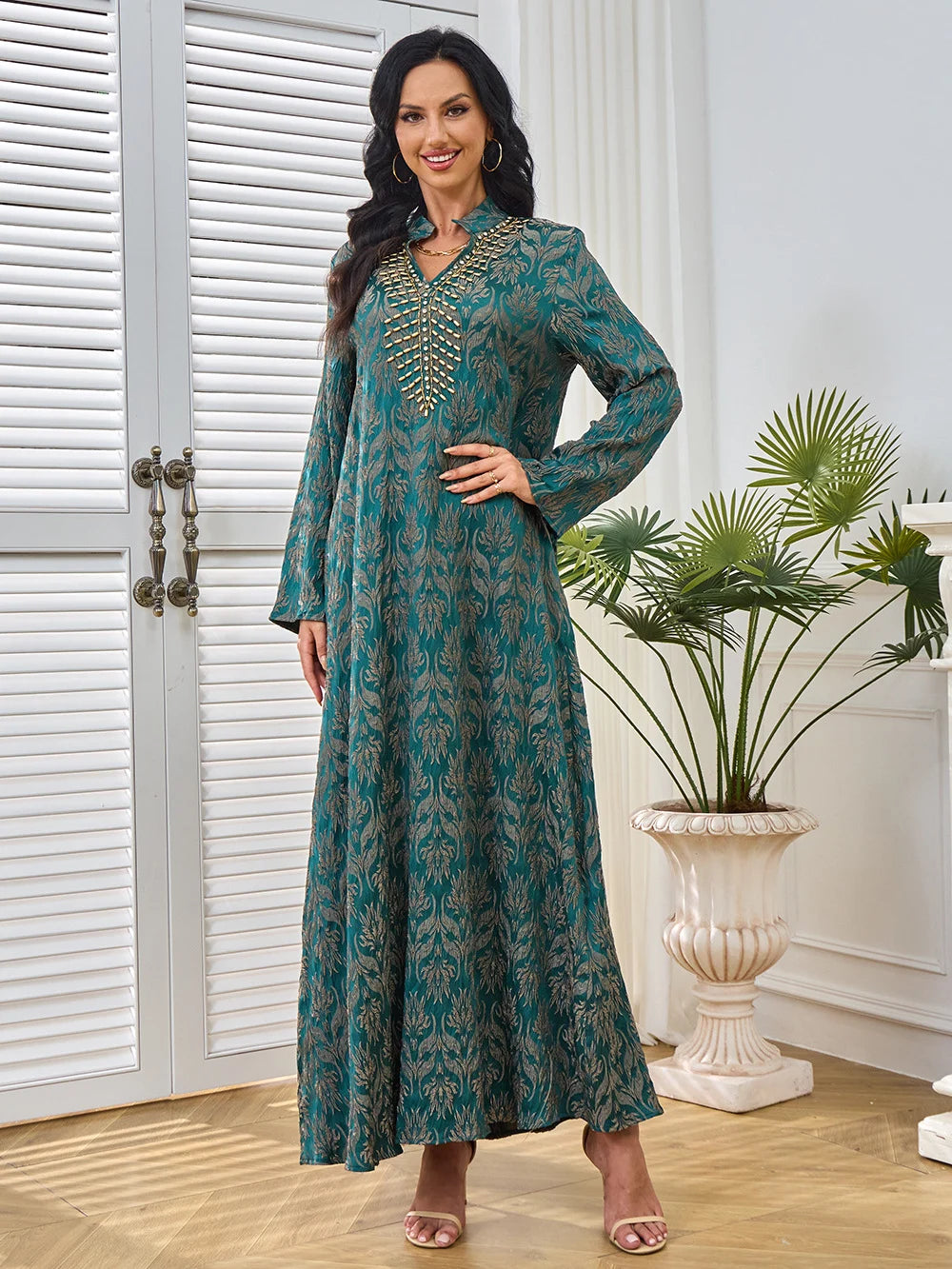 V-Neck Long-Sleeve Maxi Dress_Green