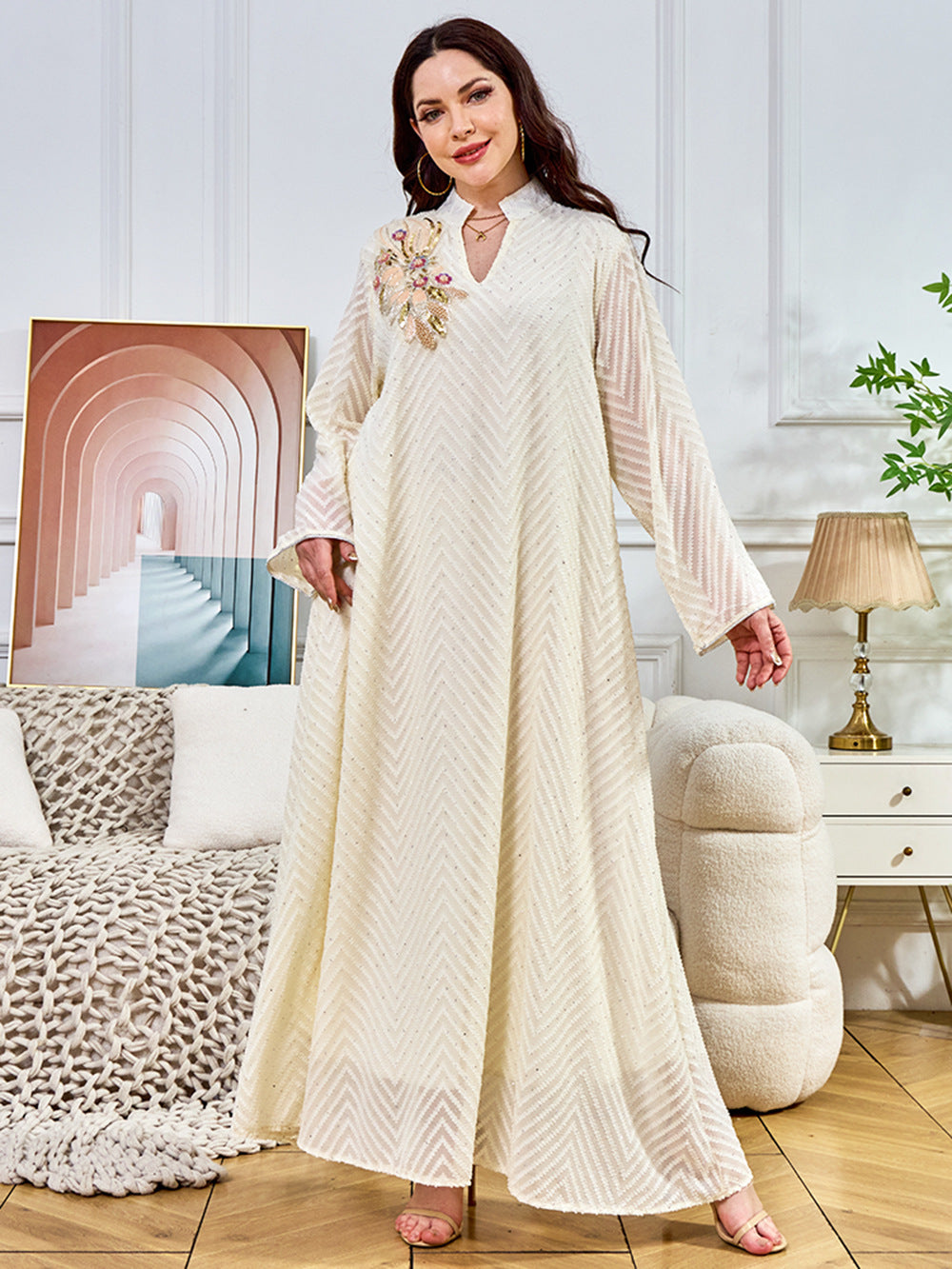 Beaded collar flower long sleeved dress for women