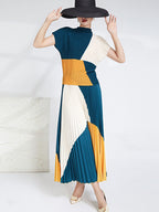 Contrast Color Pleated Two-Piece Skirt Set for Women