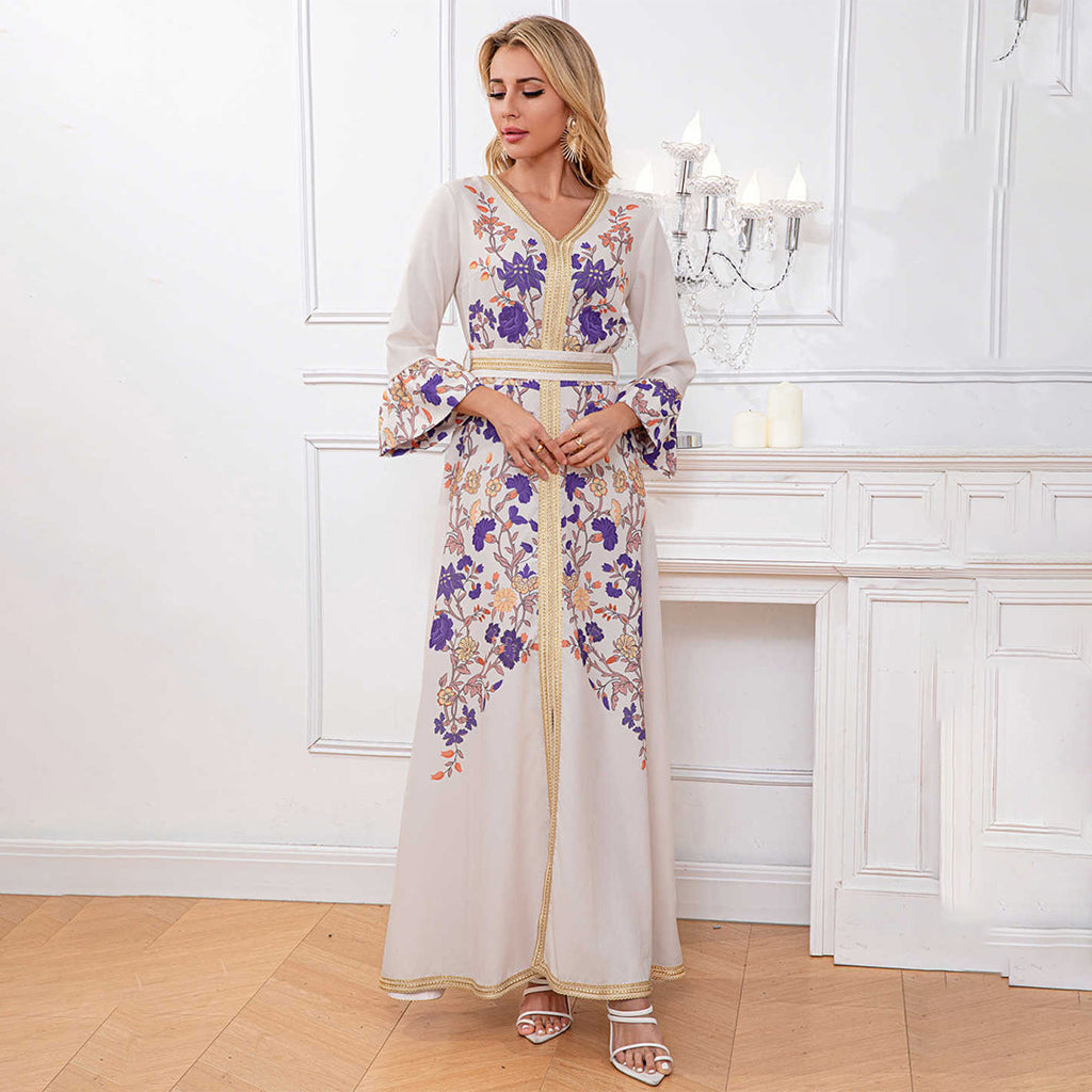 Printed Trumpet-Sleeve Maxi Dress